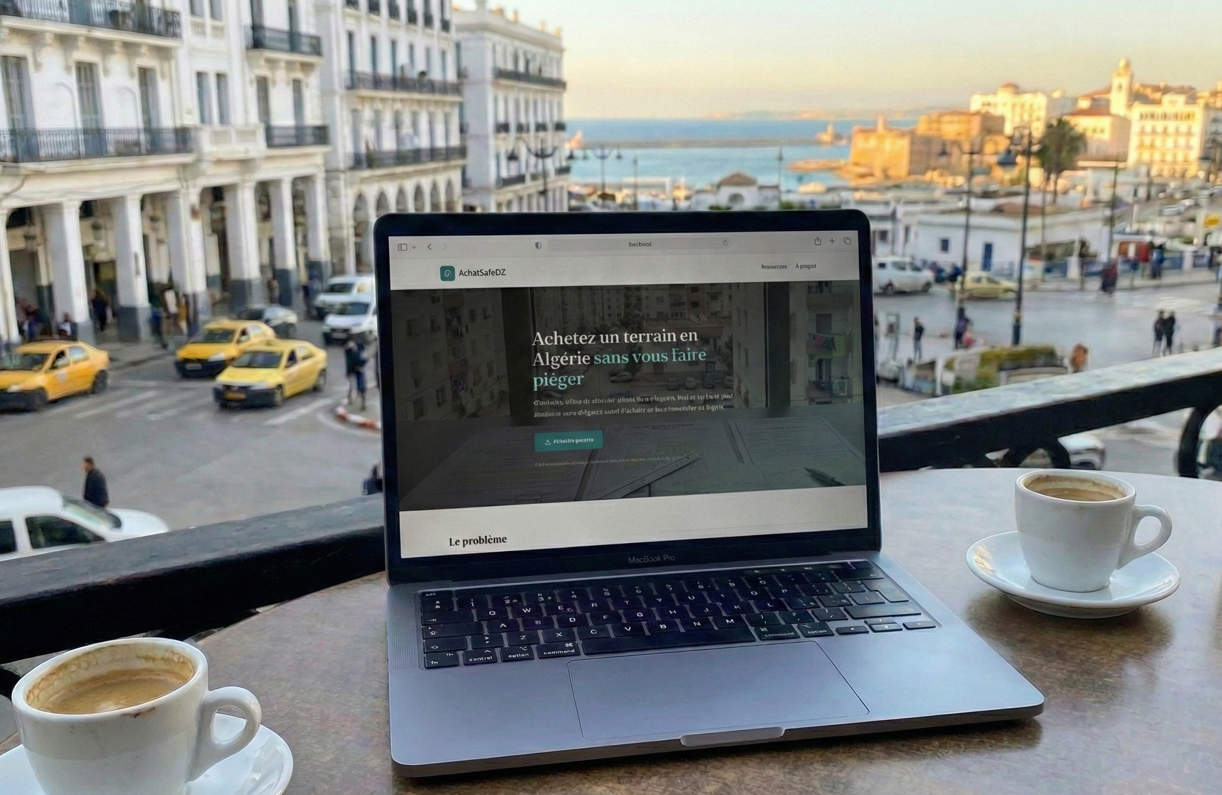 Laptop affichant AchatSafeDZ sur un balcon avec vue sur Alger